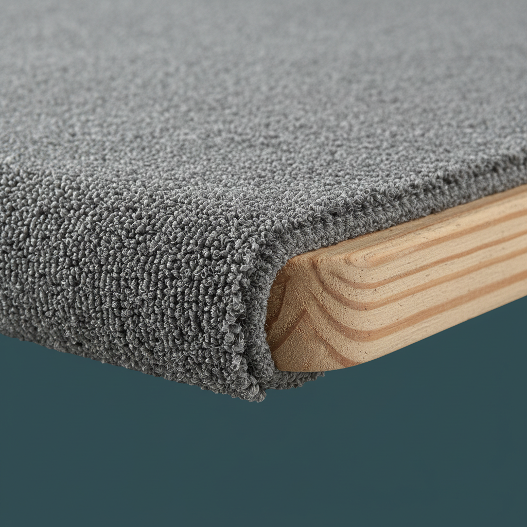 Close detail of marine carpet wrapped over a wooden trailer bunk board