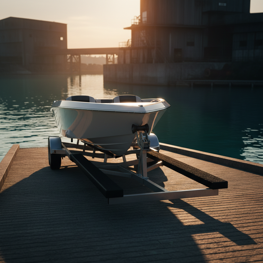 Boat trailer bunk boards supporting a fiberglass hull at a launch ramp